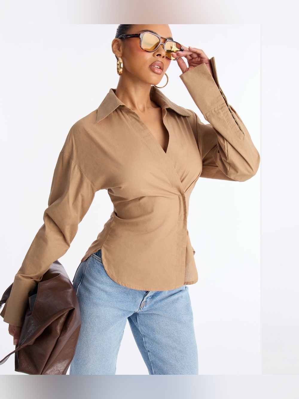 Fashion Nova Khaki Asymmetrical Cotton Button Down Shirt